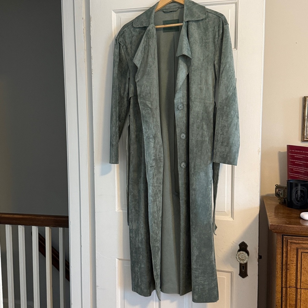 Blank NYC Long Open-Front Trench Coat in Sage Green